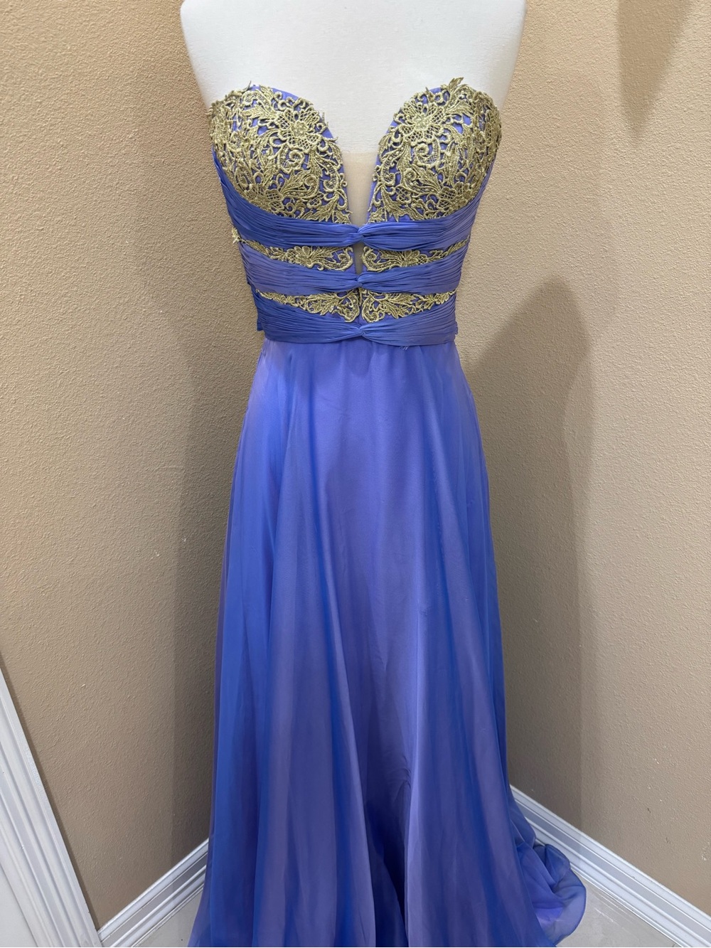 La Femme Strapless Maxi Gown with Gold Lace Bodice